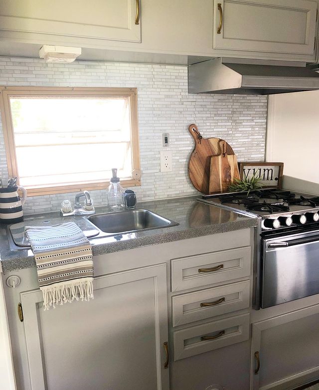 RV kitchen with spray painted countertops