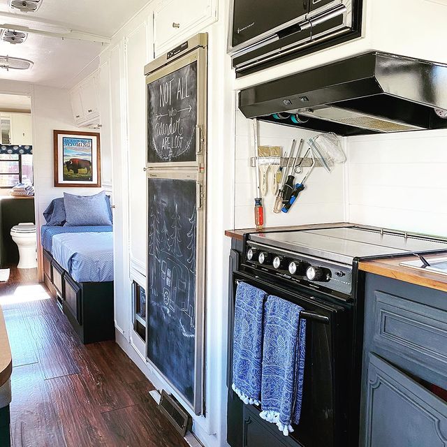 RV kitchen using a magnetic knife block to store tools