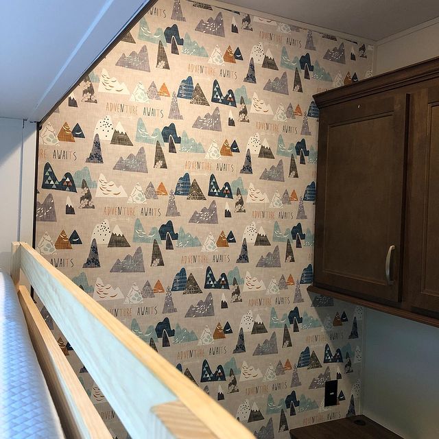 Adventure themed wallpaper used in kids bunkhouse of RV