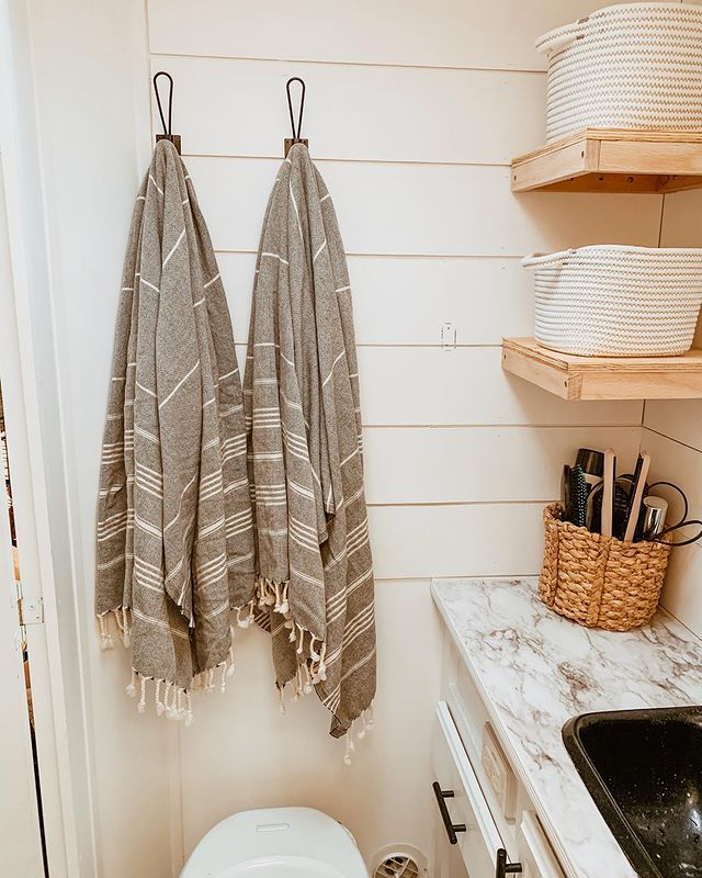 Turkish towels being used as decor in renovated RV