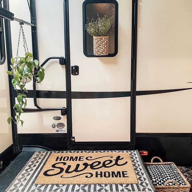 Front porch area of a renovated camper