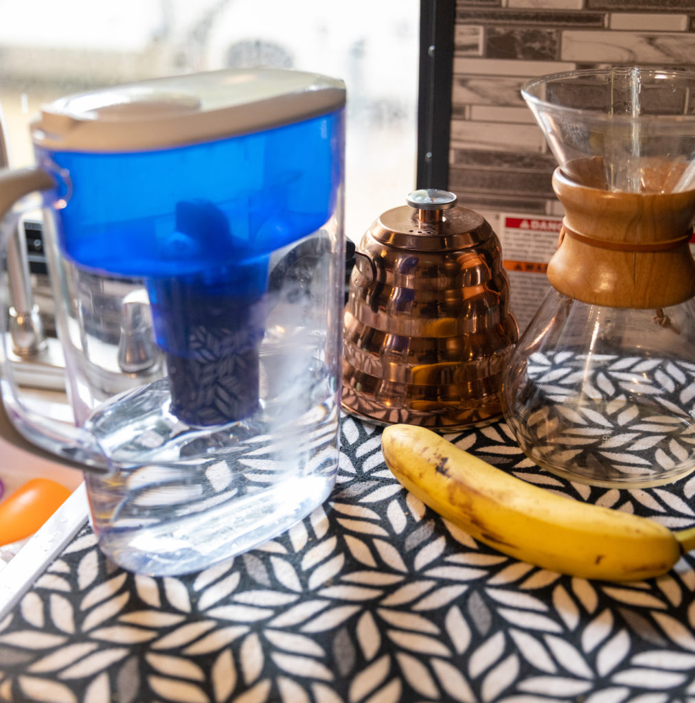Chemex Coffemaker being used during an RV trip | camper decor ideas