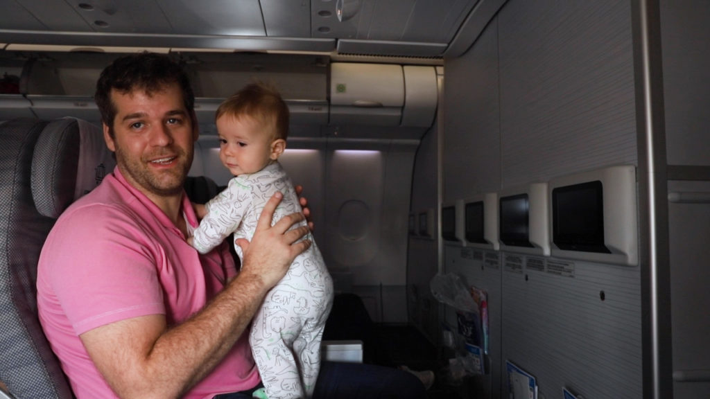 Dad and son on a long haul flight to Buenos Aires