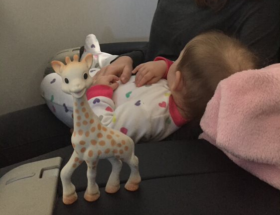 Toddler sleeping with her sophie the giraffe toy on a plane trip