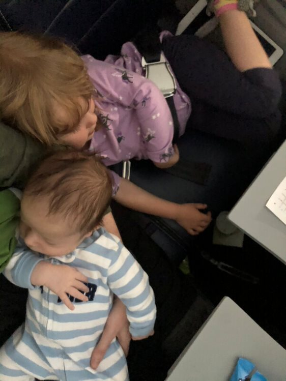 Two toddlers sleeping on a plane