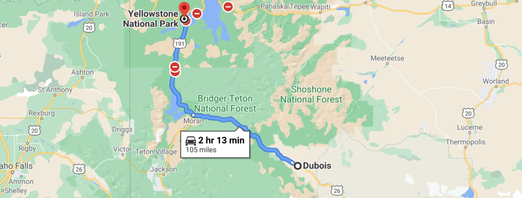 Dubois to yellowstone route map